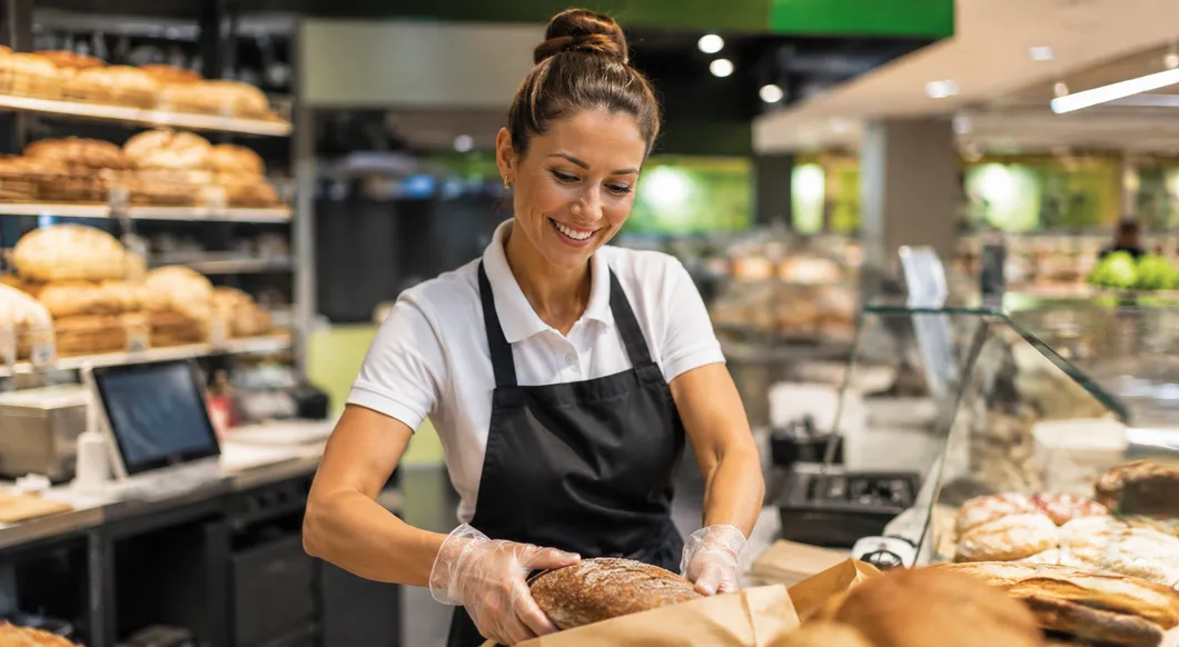 Vendeuse dans le commerce alimentaire avec un certificat de santé numérique sur son smartphone